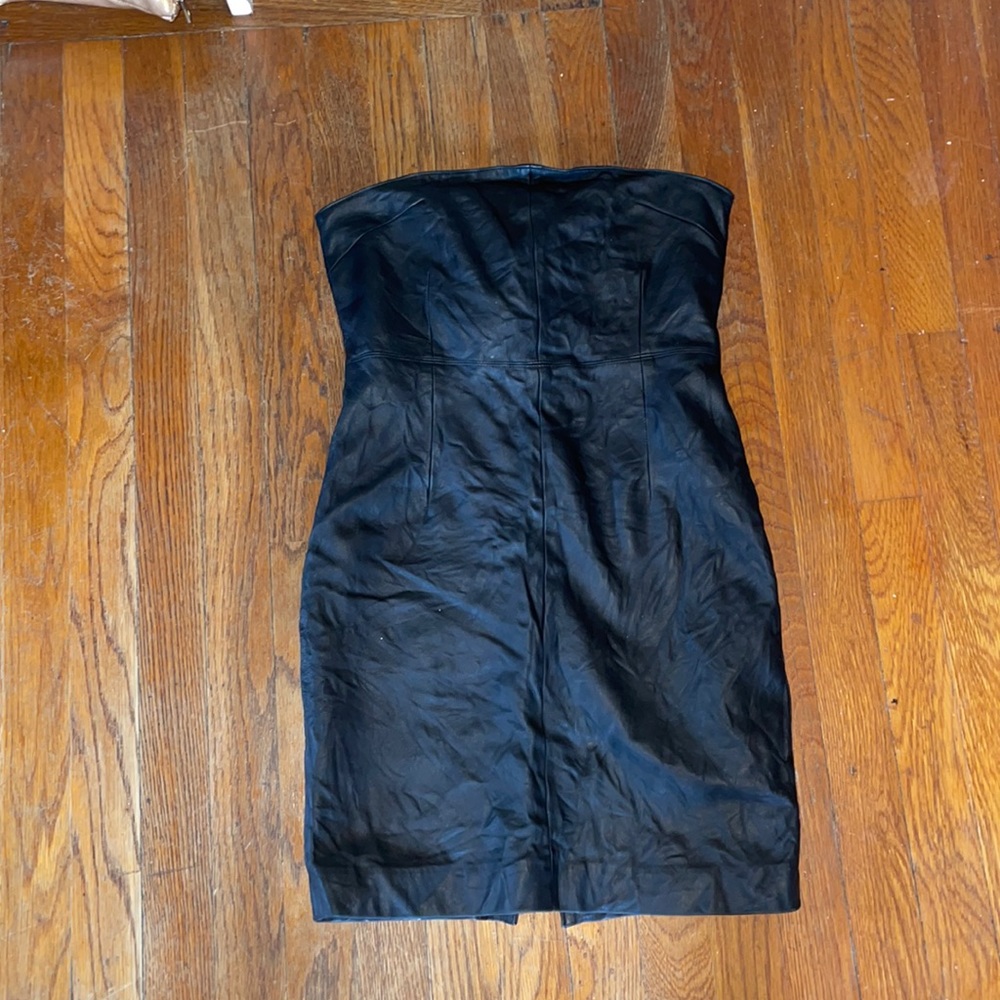 rem garson leather strapless mini dress